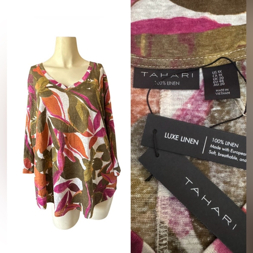 Tahari Womens 100% Linen Tropical Leaf Print V-Neck 3/4 Sleev Top Olive Green 1X